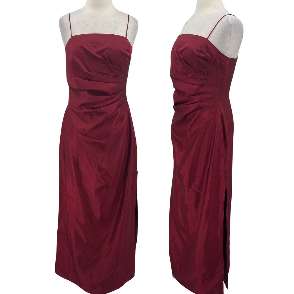Vintage 90s JS Collections Pleated Gown Ruched Spaghetti Strap Maxi Dress Red 8